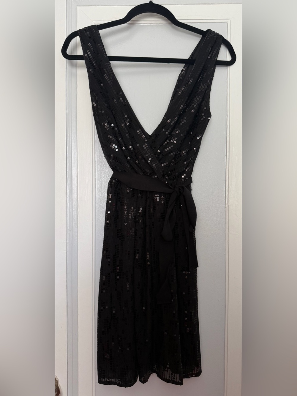 Express Black Sequin V-Neck Wrap Dress with Waist Ribbon Tie